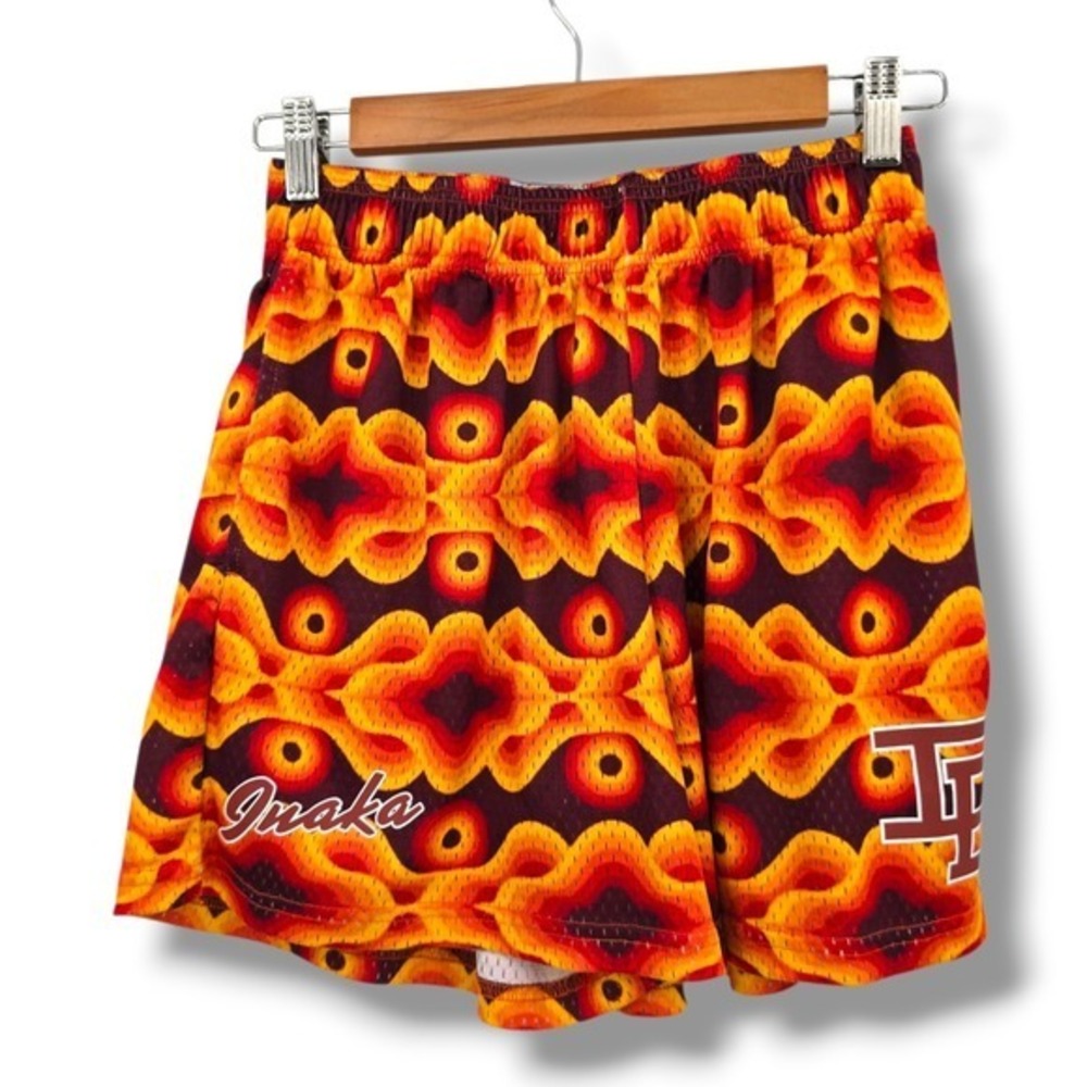 Inaka Power Men's Mesh Shorts Abstract Orange Yellow Burgundy Tribal Pattern S